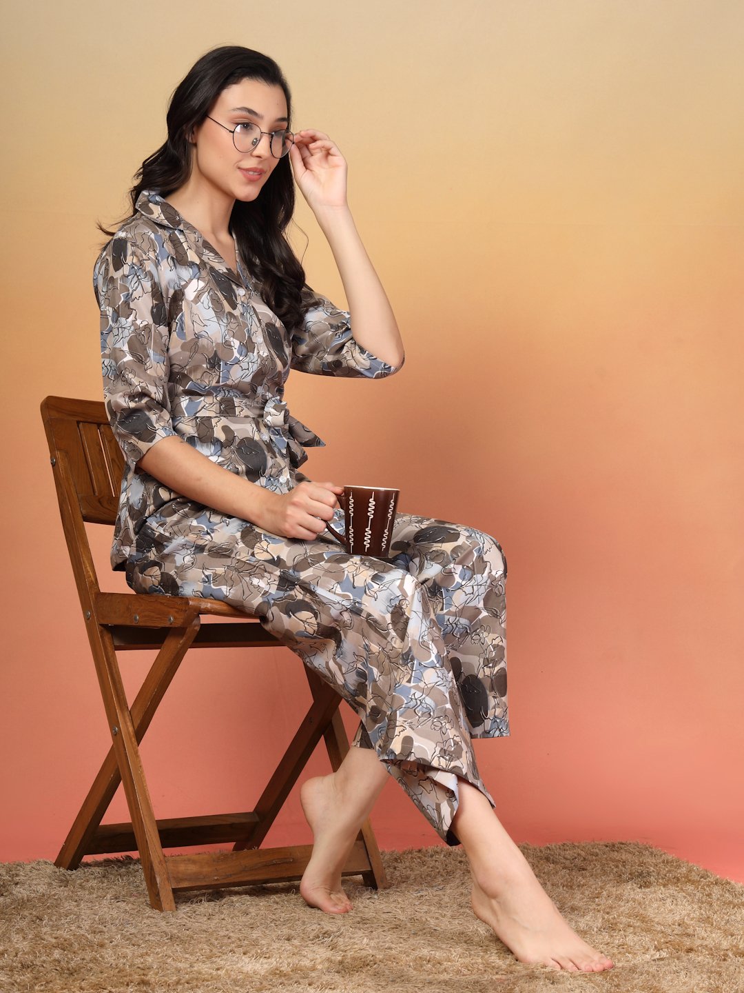 Women Brown Floral Cotton Blend Night Suit with Robe