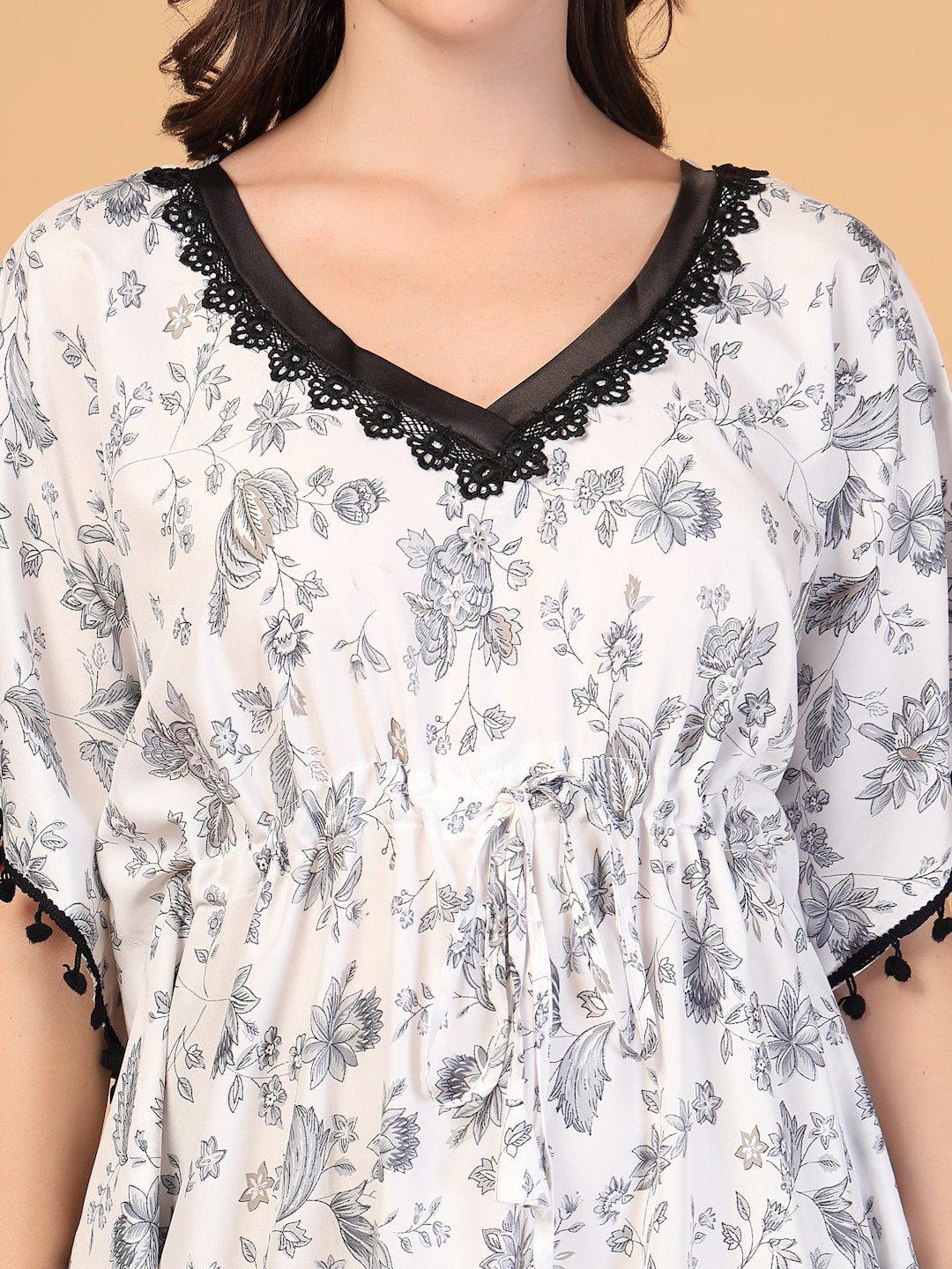 White Floral Cotton Blend Kaftan Maxi Nightdress