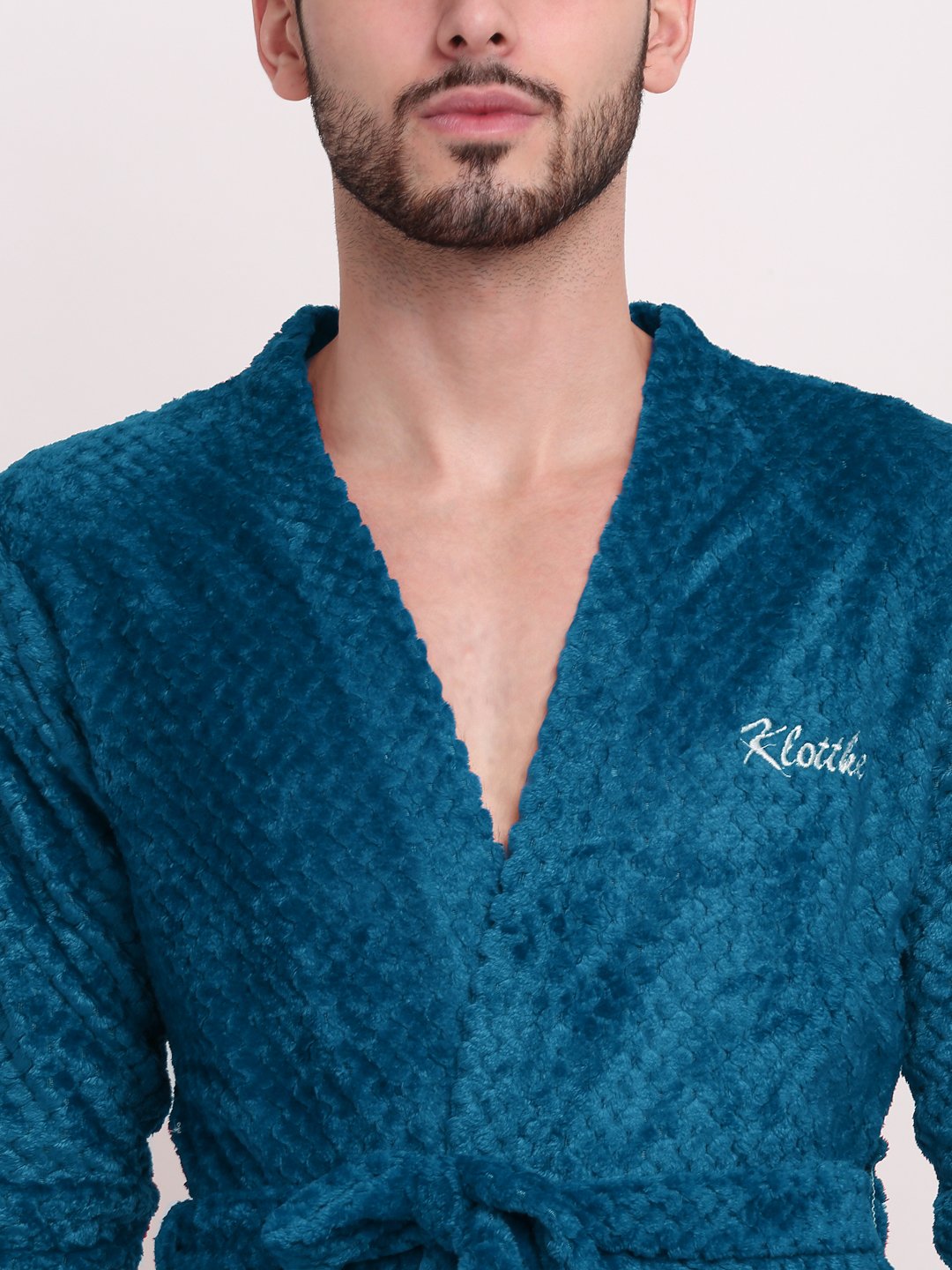 Men Blue Self Design Wool Bath Robe With Belt