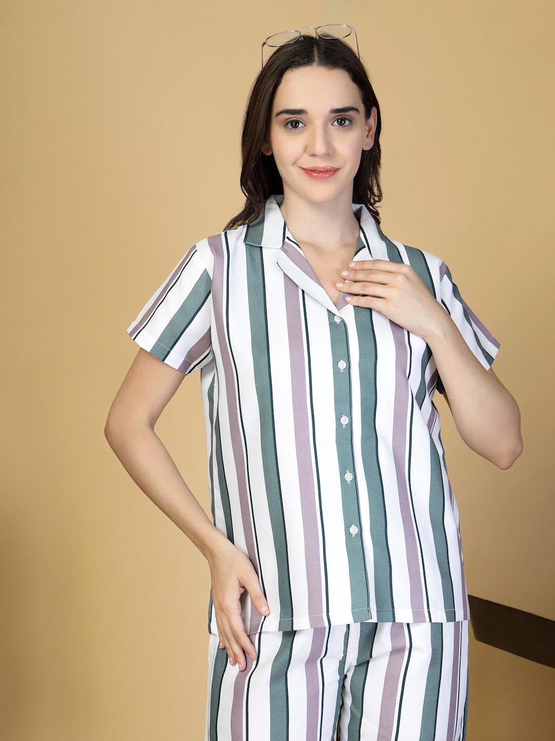 Women Multi Striped Cotton Blend Night Suit
