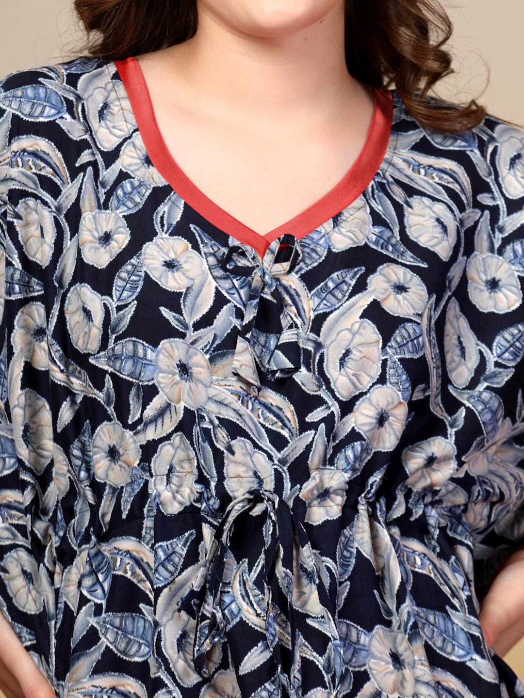 NavyBlue Floral Cotton Blend Kaftan Maxi Nightdress