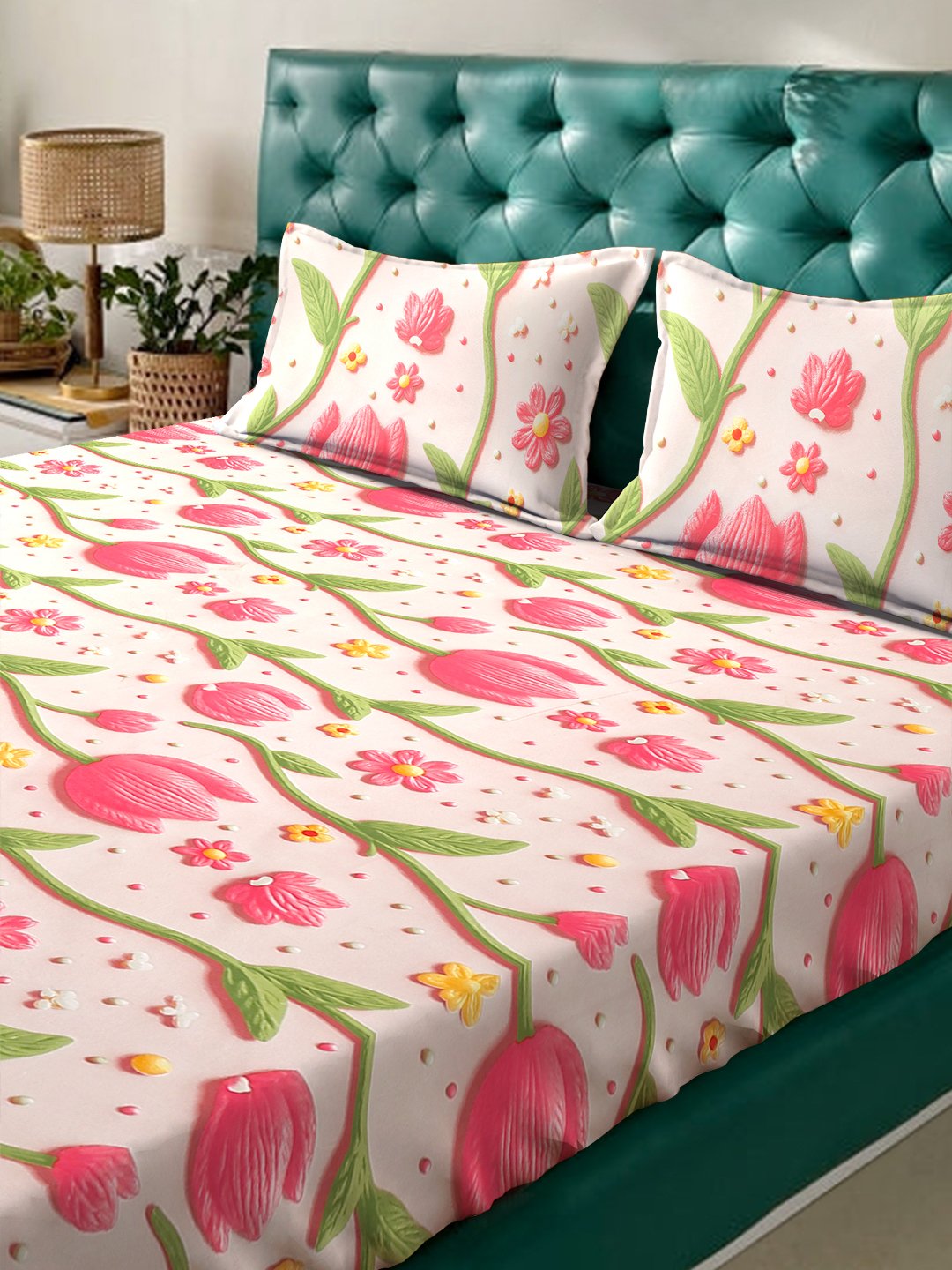 Beige Floral 7D King Size Cotton Blend Fitted Double Bedsheet with 2 Pillow Covers