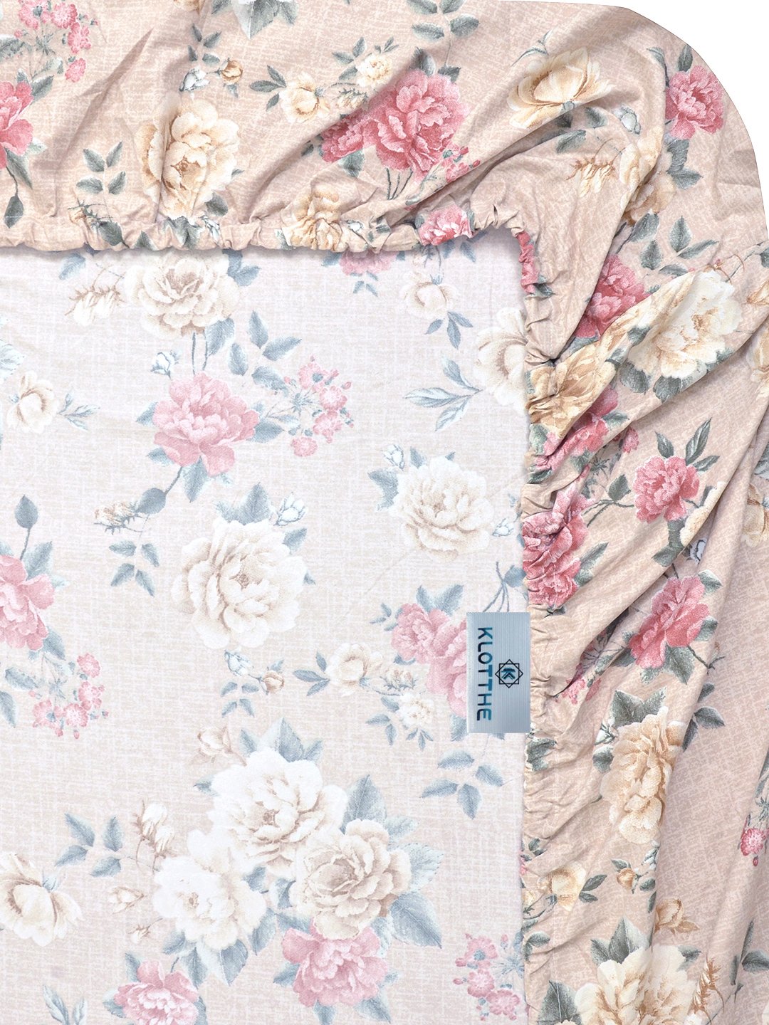 Beige Floral 300 TC Cotton Blend Fitted Single Bedsheet with Pillow Cover
