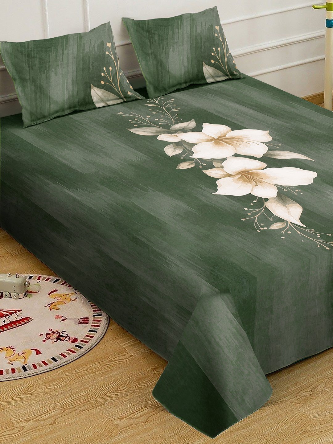 Green Digital Floral Printed Cotton Blend Double Bedsheet with 2 Pillow Covers