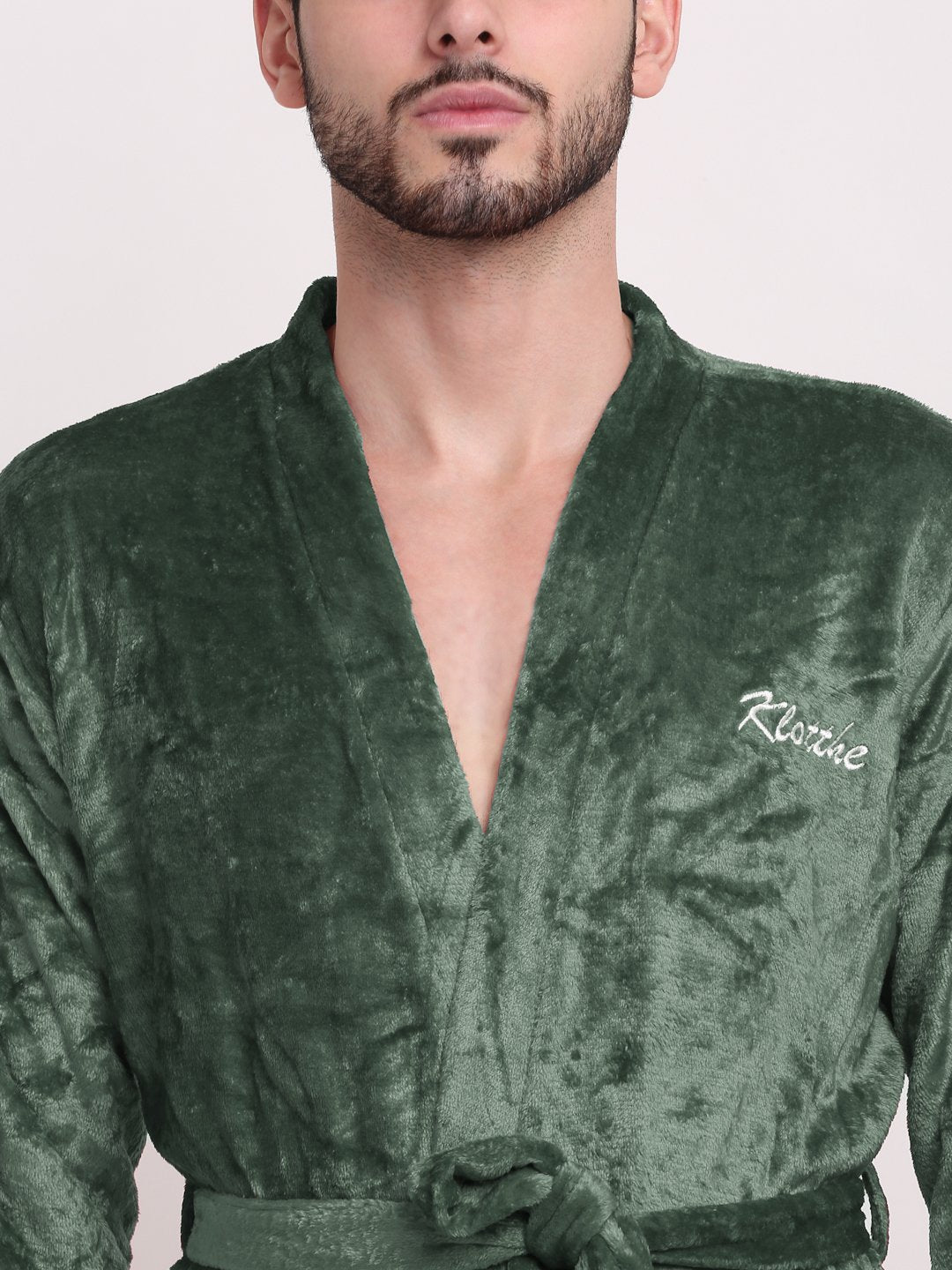 Men Green Solid Wool Bath Robe With Belt