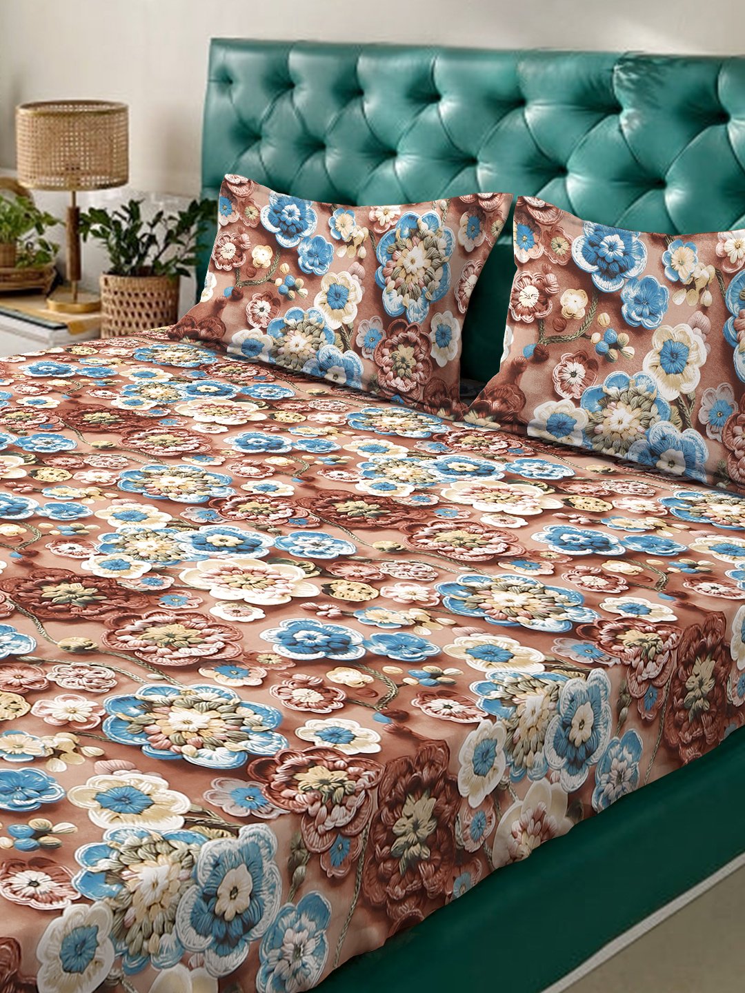 Brown Floral 7D King Size Cotton Blend Fitted Double Bedsheet with 2 Pillow Covers