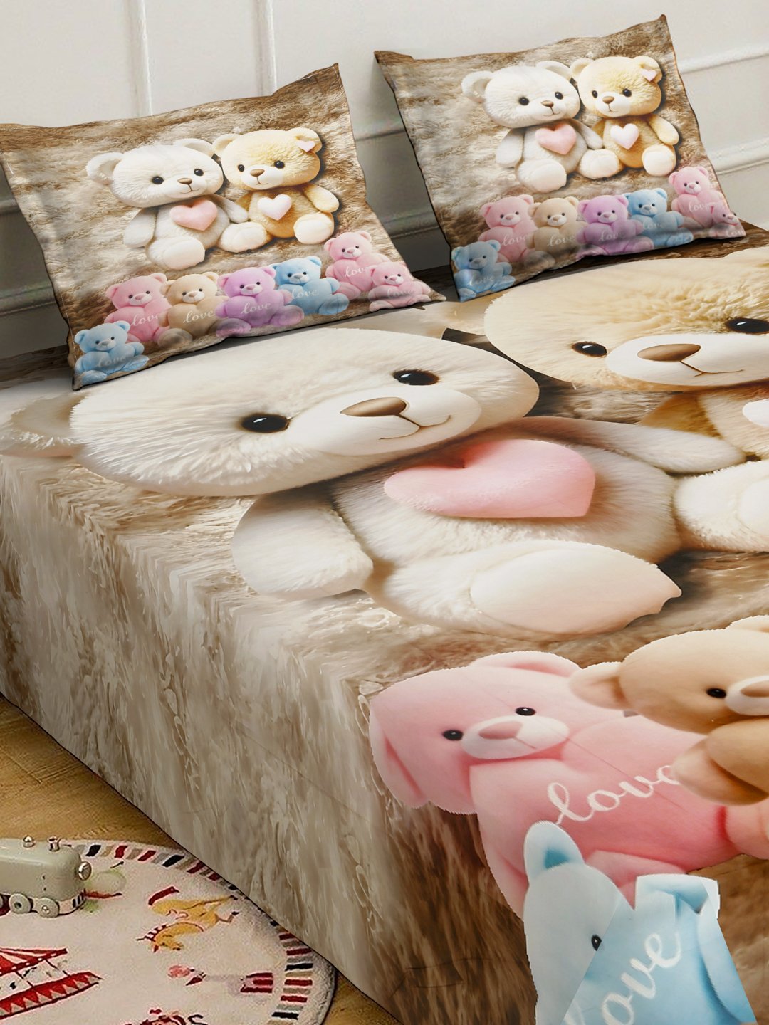 Multi Digital Cartoon Characters Printed Cotton Blend Fitted Double Bedsheet with 2 Pillow Covers