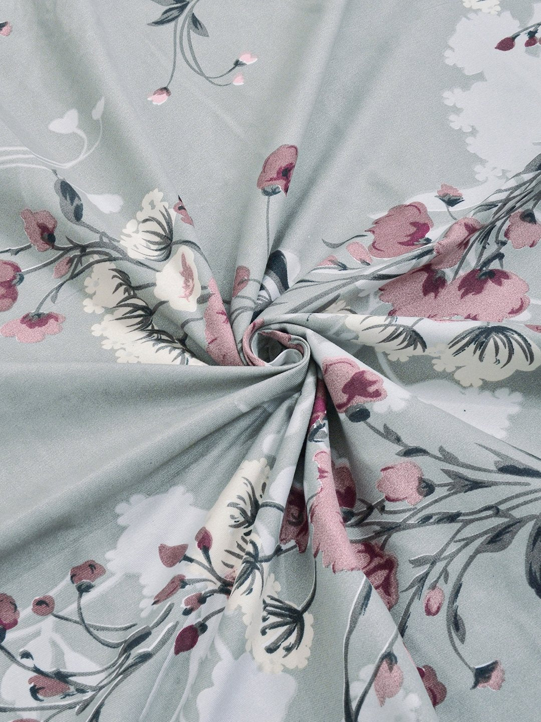 Grey Floral Fitted Fitted Cotton Blend Double Bedsheet with 2 Pillow Covers