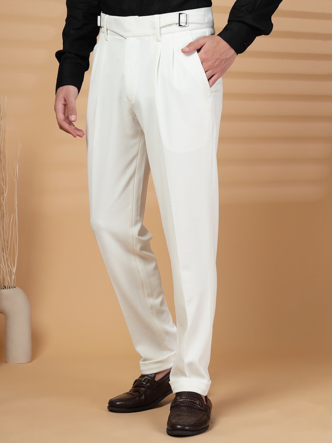 White Lycra Cotton Comfort-Fit Solid Regular Formal Trouser