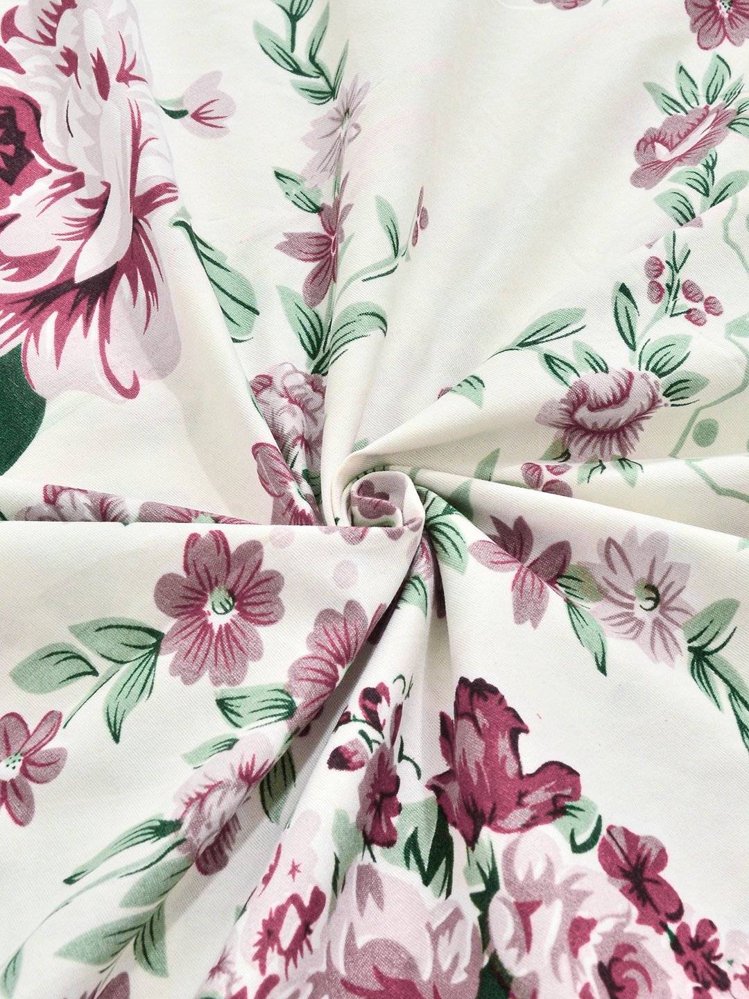 Cream Floral Cotton Blend Double Bedsheet with 2 Pillow Covers