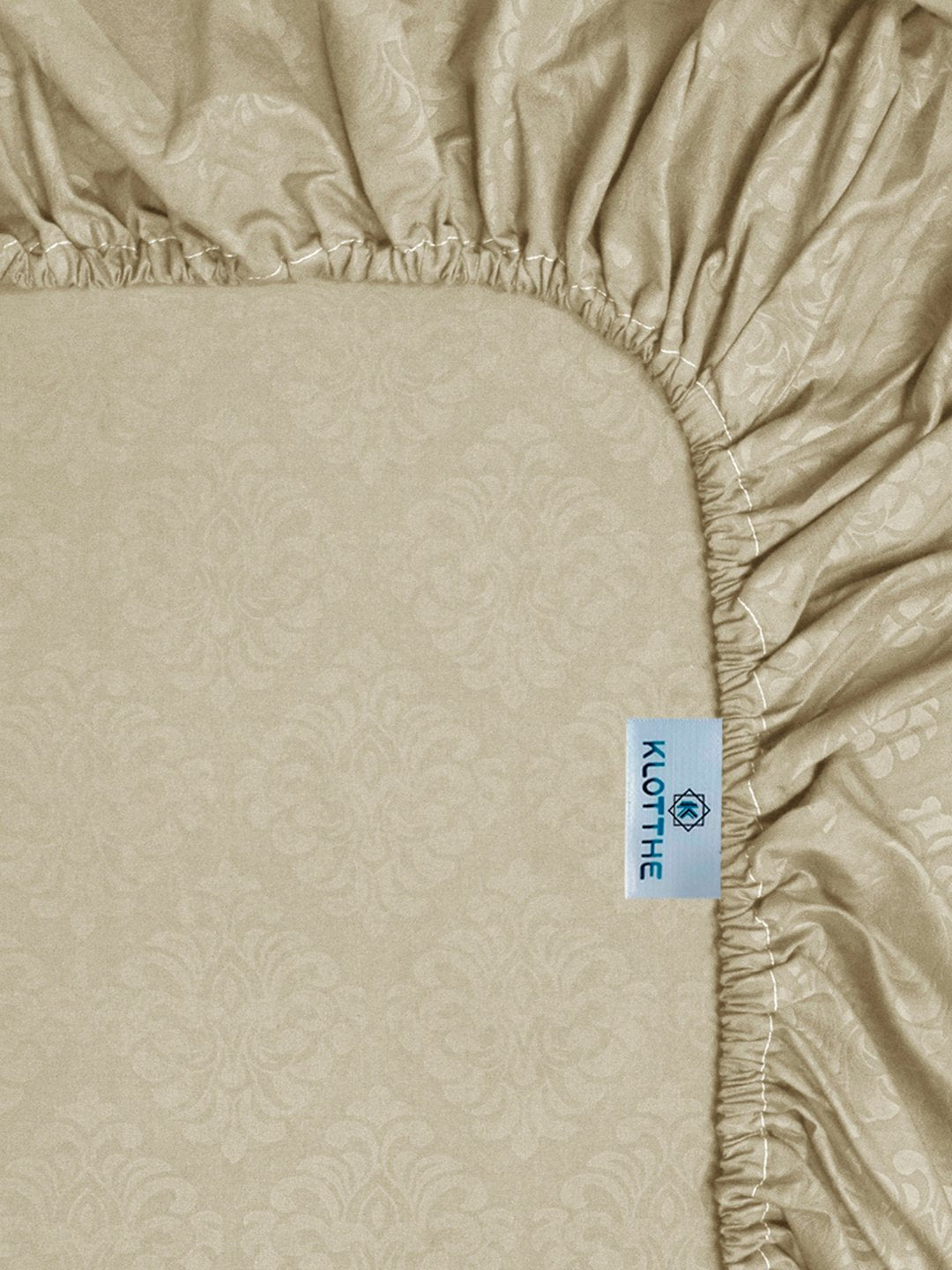 Beige Floral Embossed Cotton Blend Fitted Double Bedsheet with 2 Pillow Covers