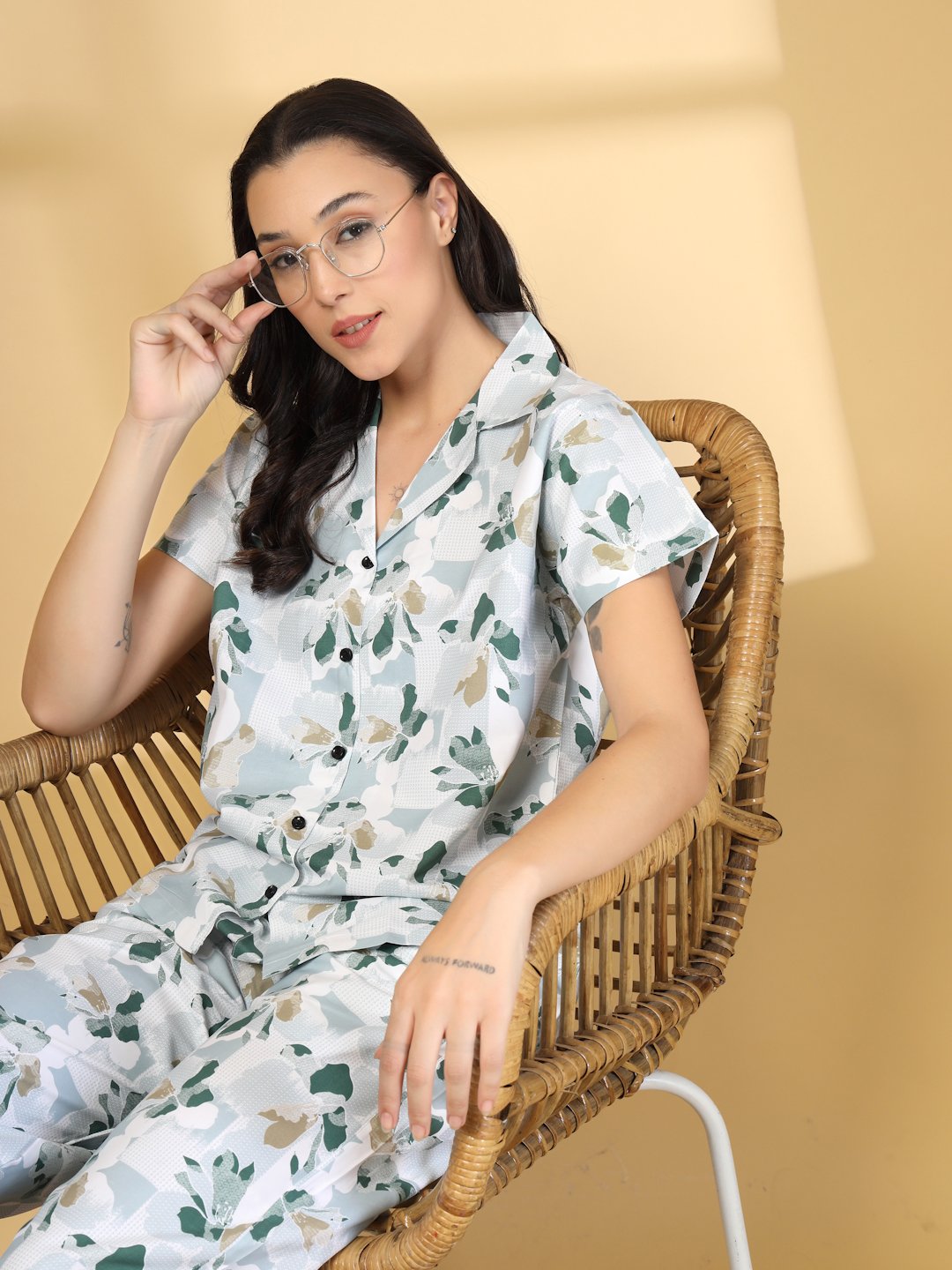 Women Green Abstract Cotton Blend Night Suit