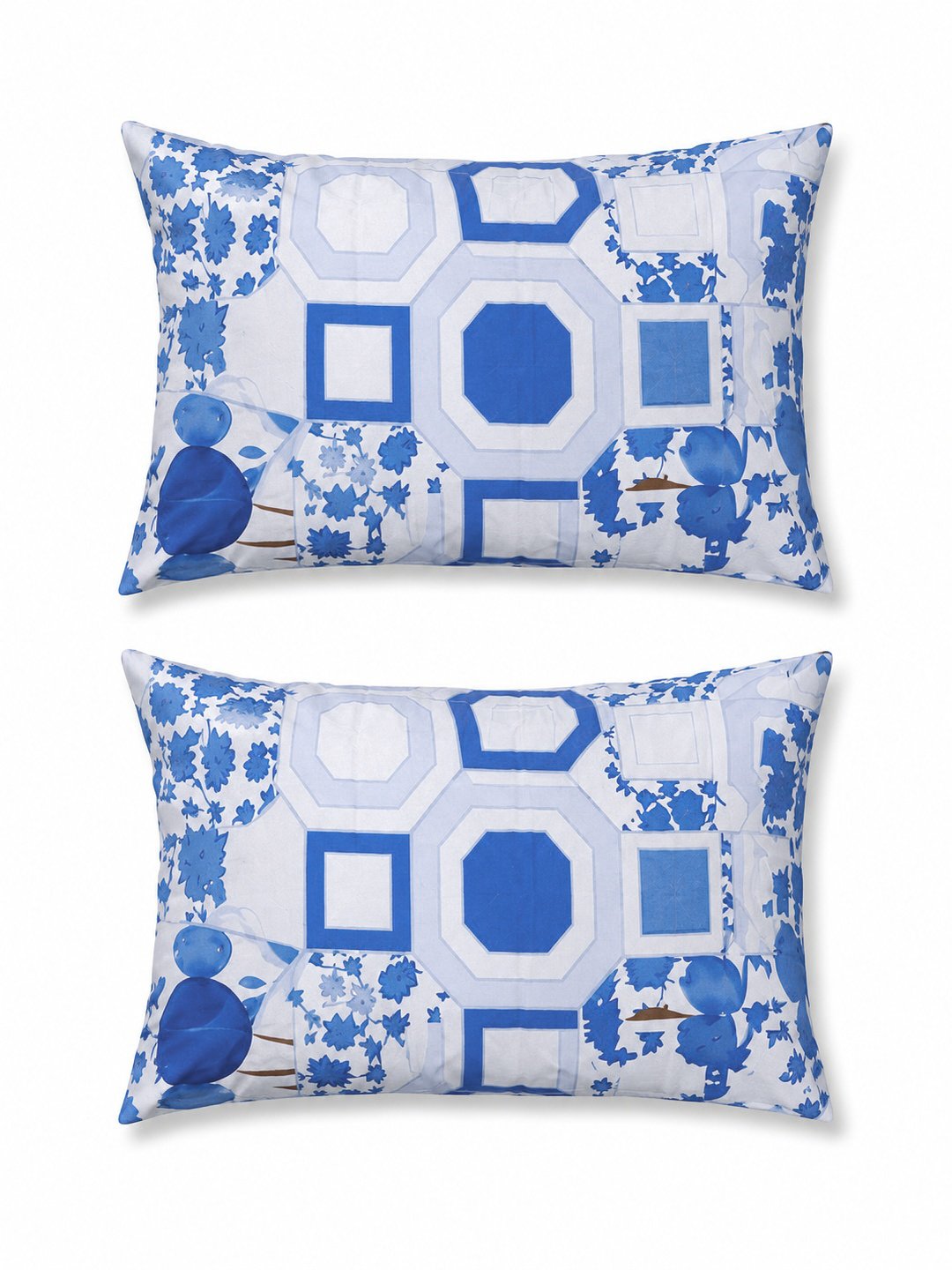 Blue Geometric Cotton Blend Double Bedsheet with 2 Pillow Covers