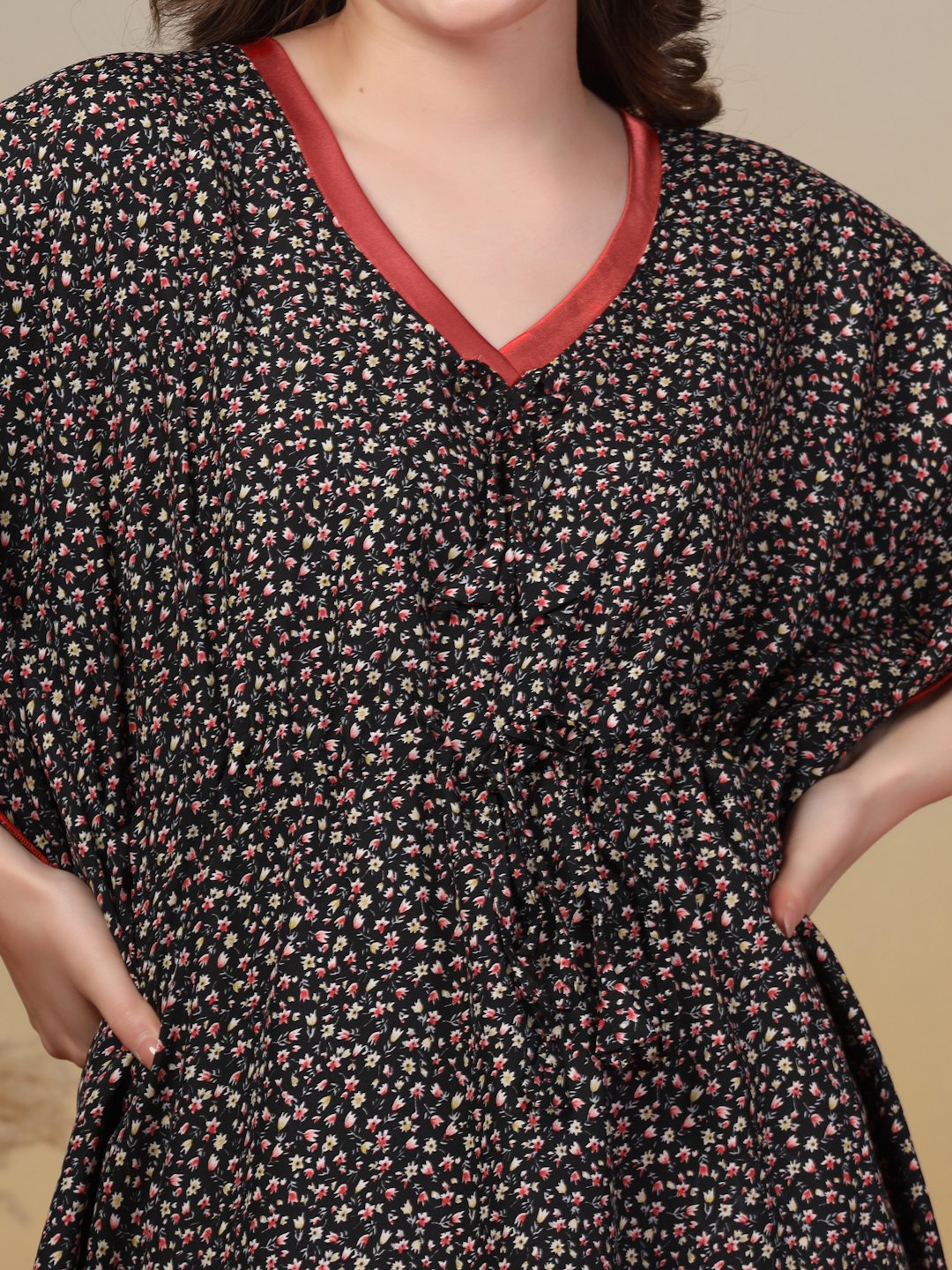 Black Floral Cotton Blend Kaftan Maxi Nightdress