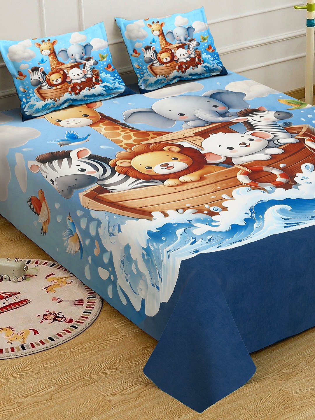 Multi Digital Animal Printed Cotton Blend Fitted Double Bedsheet with 2 Pillow Covers