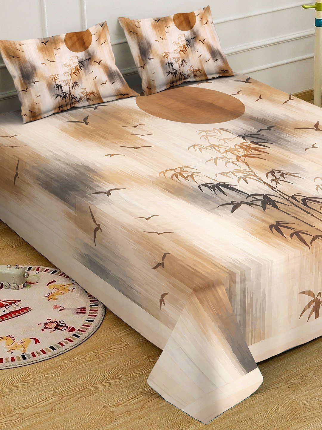 Beige Digital Floral Printed Fitted Cotton Blend Double Bedsheet with 2 Pillow Covers
