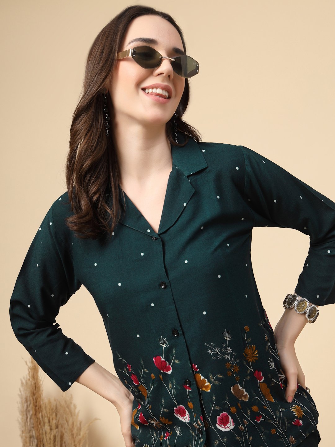 Green Cotton Printed Shirt With Trousers Co-Ords Set