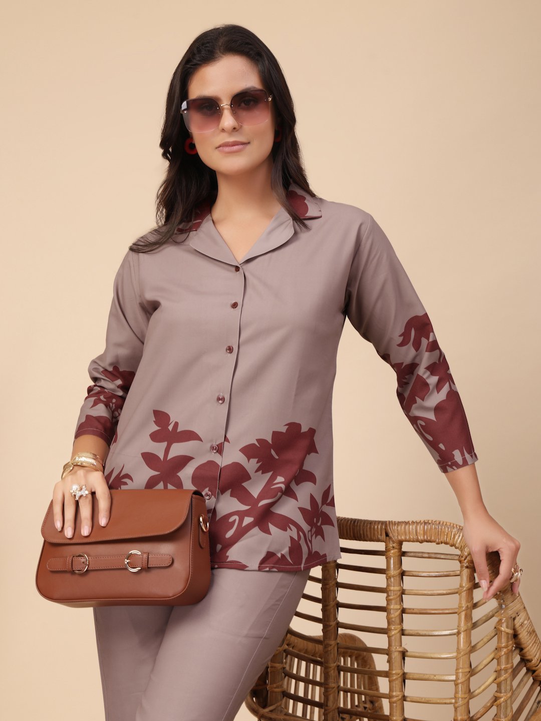 Brown Cotton Printed Shirt With Trousers Co-Ords Set