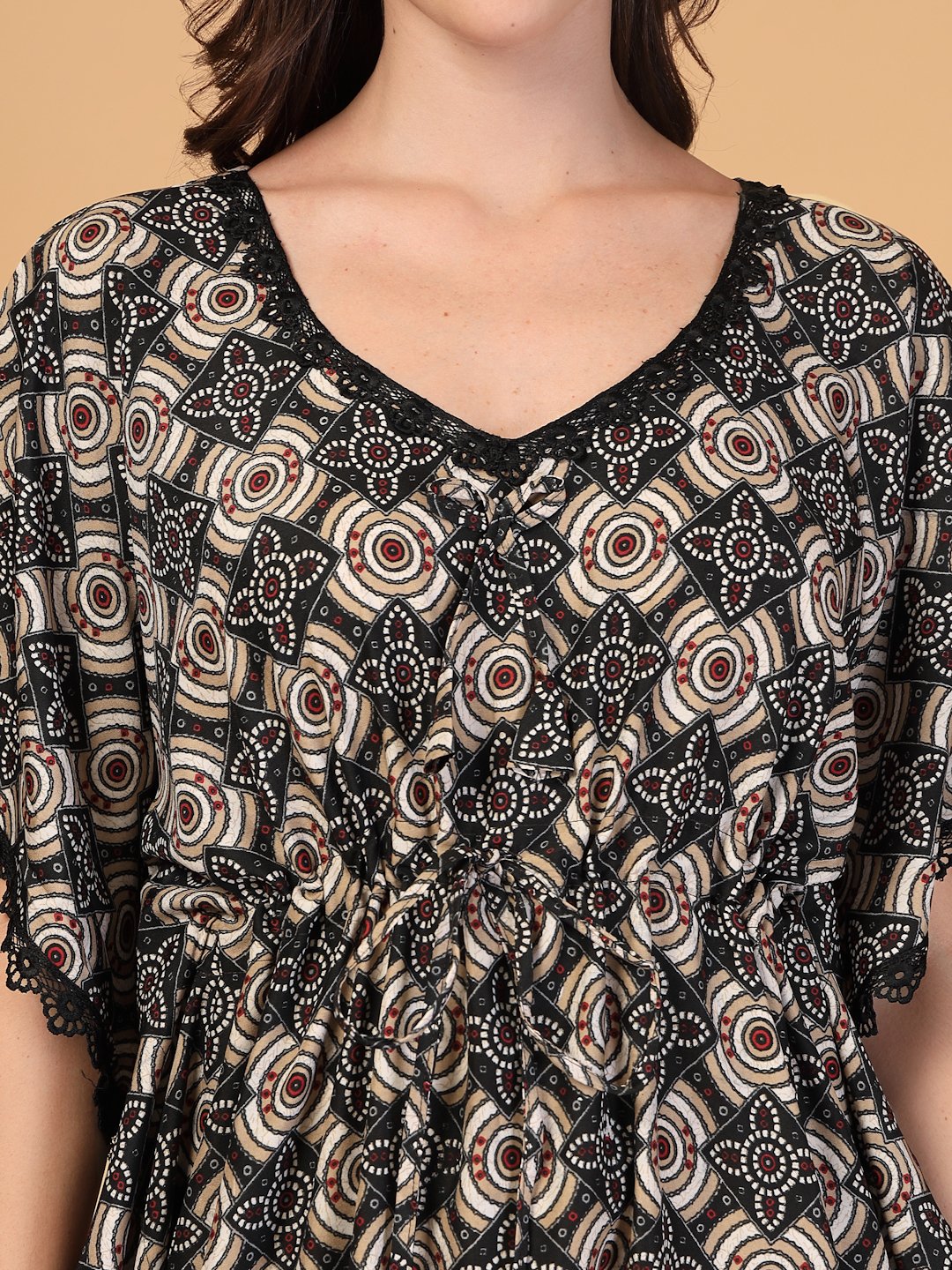 Black Floral Cotton Blend Kaftan Maxi Nightdress