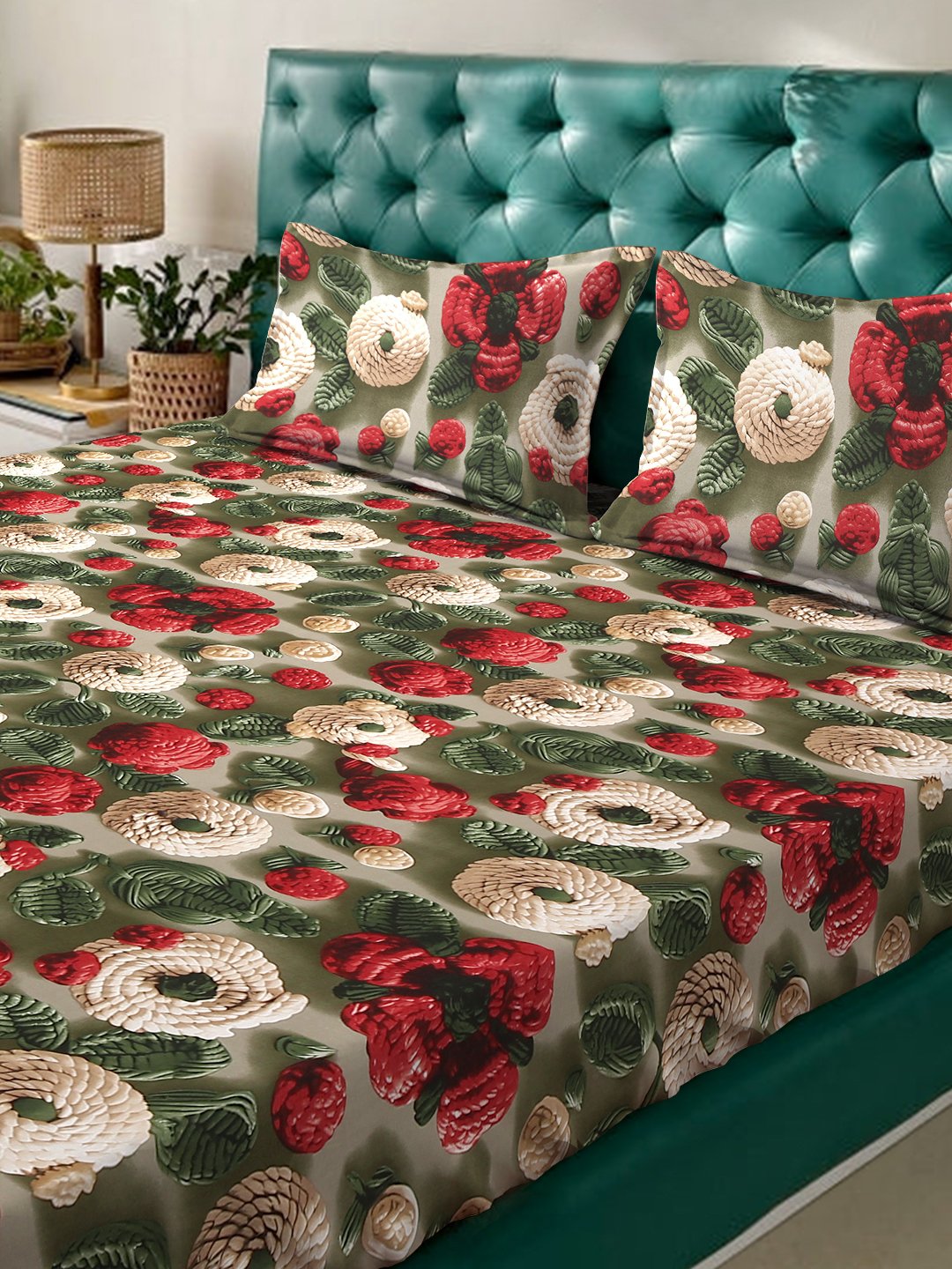 Green Floral 7D King Size Cotton Blend Fitted Double Bedsheet with 2 Pillow Covers