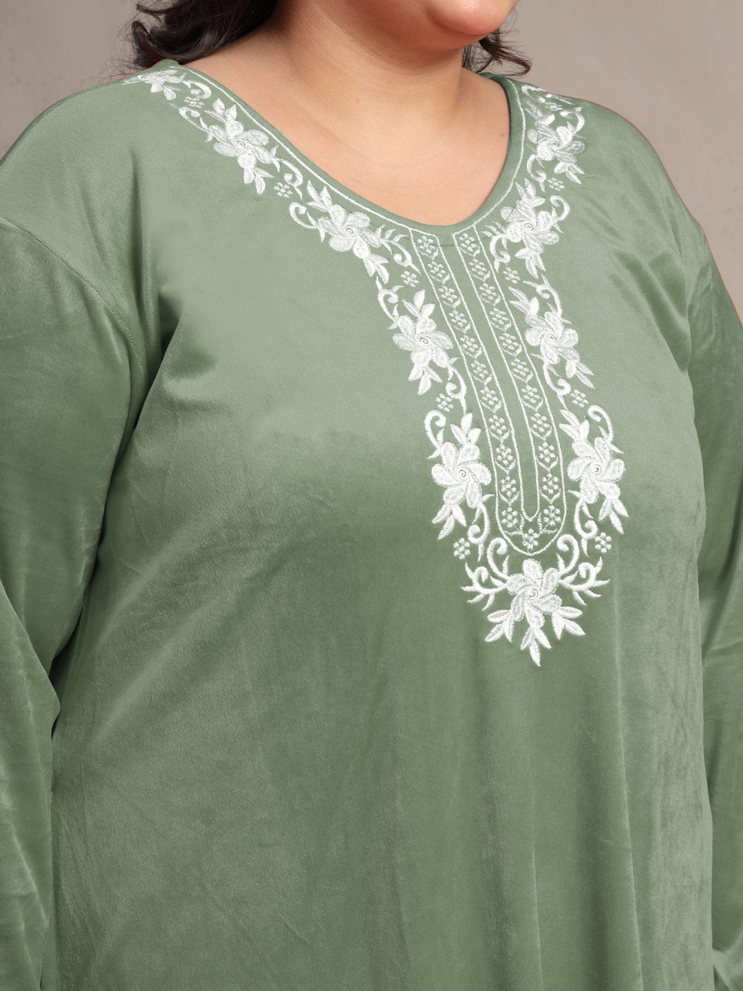 Klotthe Olive Solid Soft touch Velvet Maxi Nightdress
