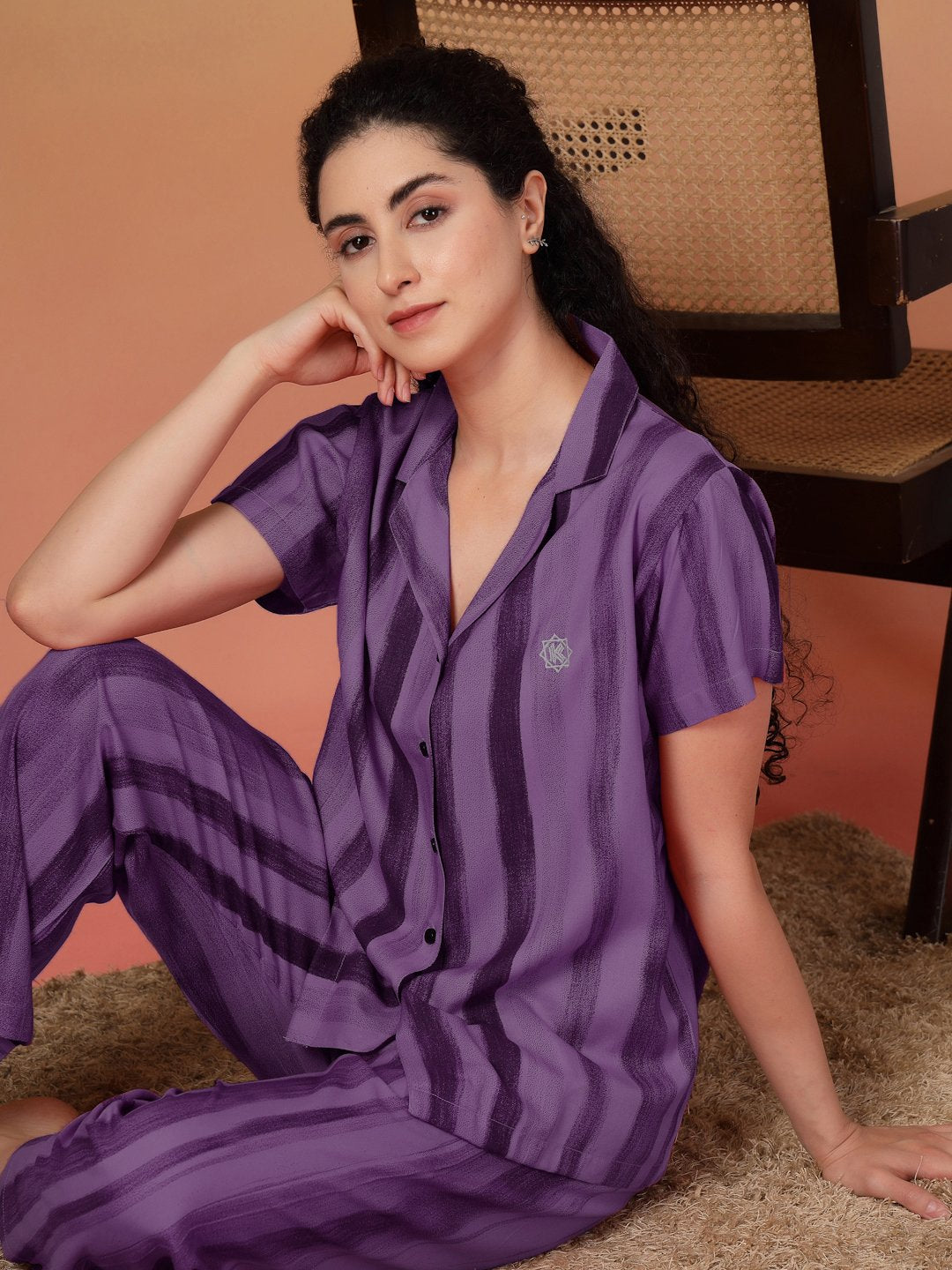 Women Purple Striped Pure Cotton Night Suit