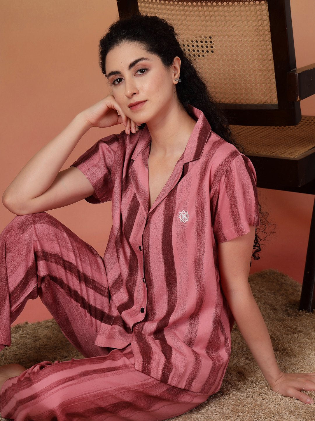 Women Red Striped Pure Cotton Night Suit