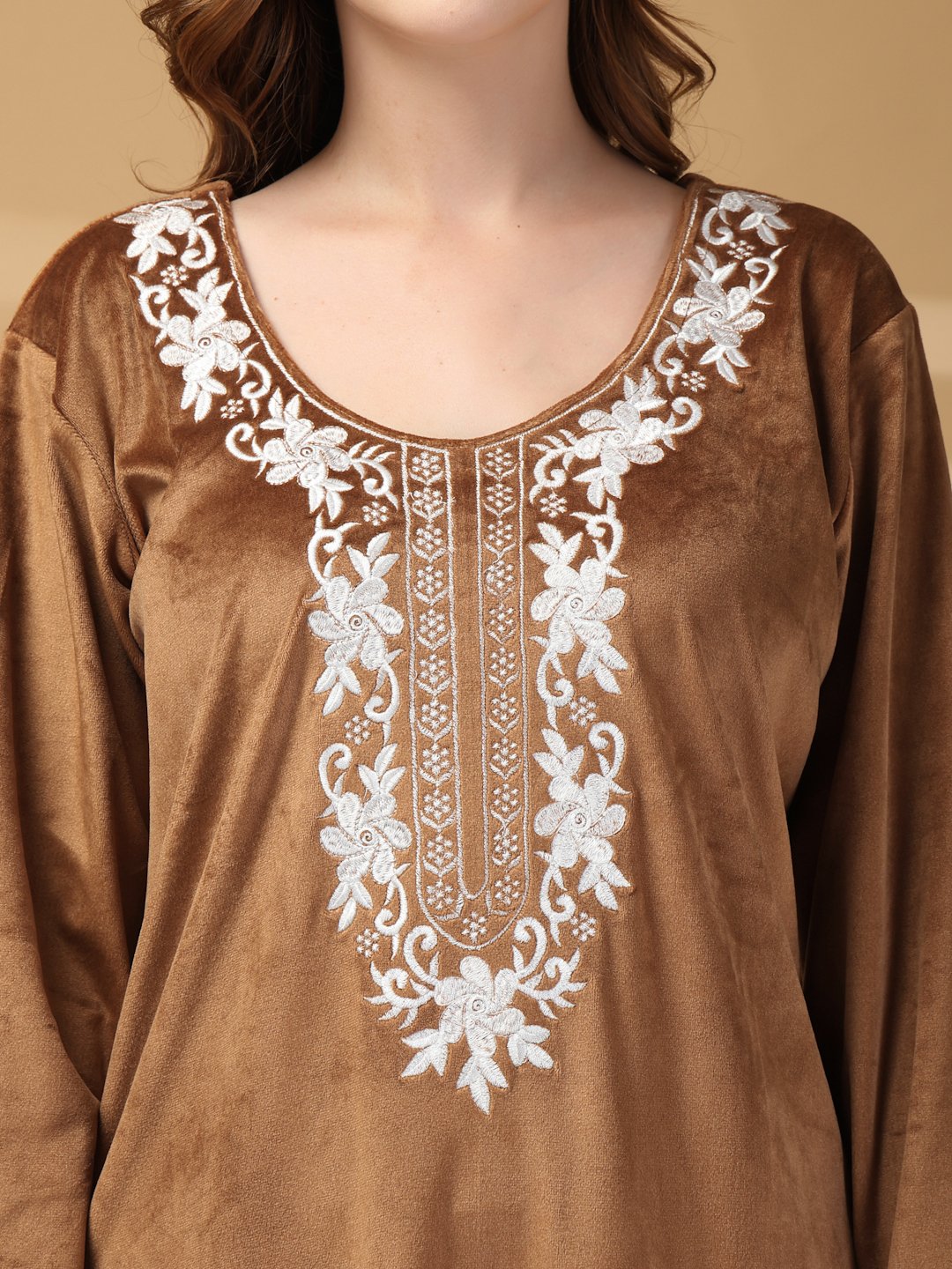 Klotthe Brown Solid Soft touch Velvet Maxi Nightdress