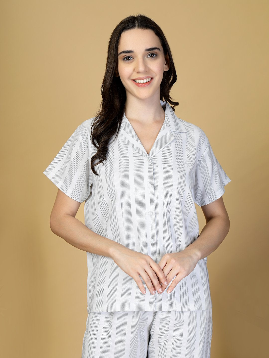 Women White Striped Cotton Blend Night Suit
