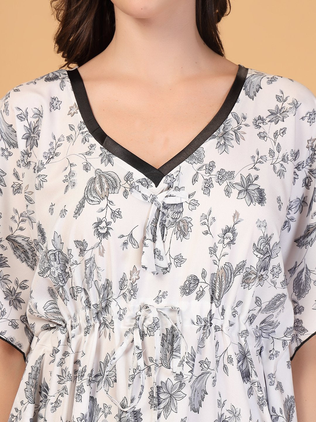 White Floral Cotton Blend Kaftan Maxi Nightdress