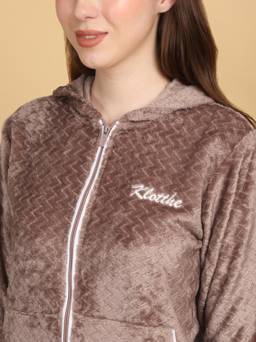 Women Brown Solid Hooded Woolen Night Suit