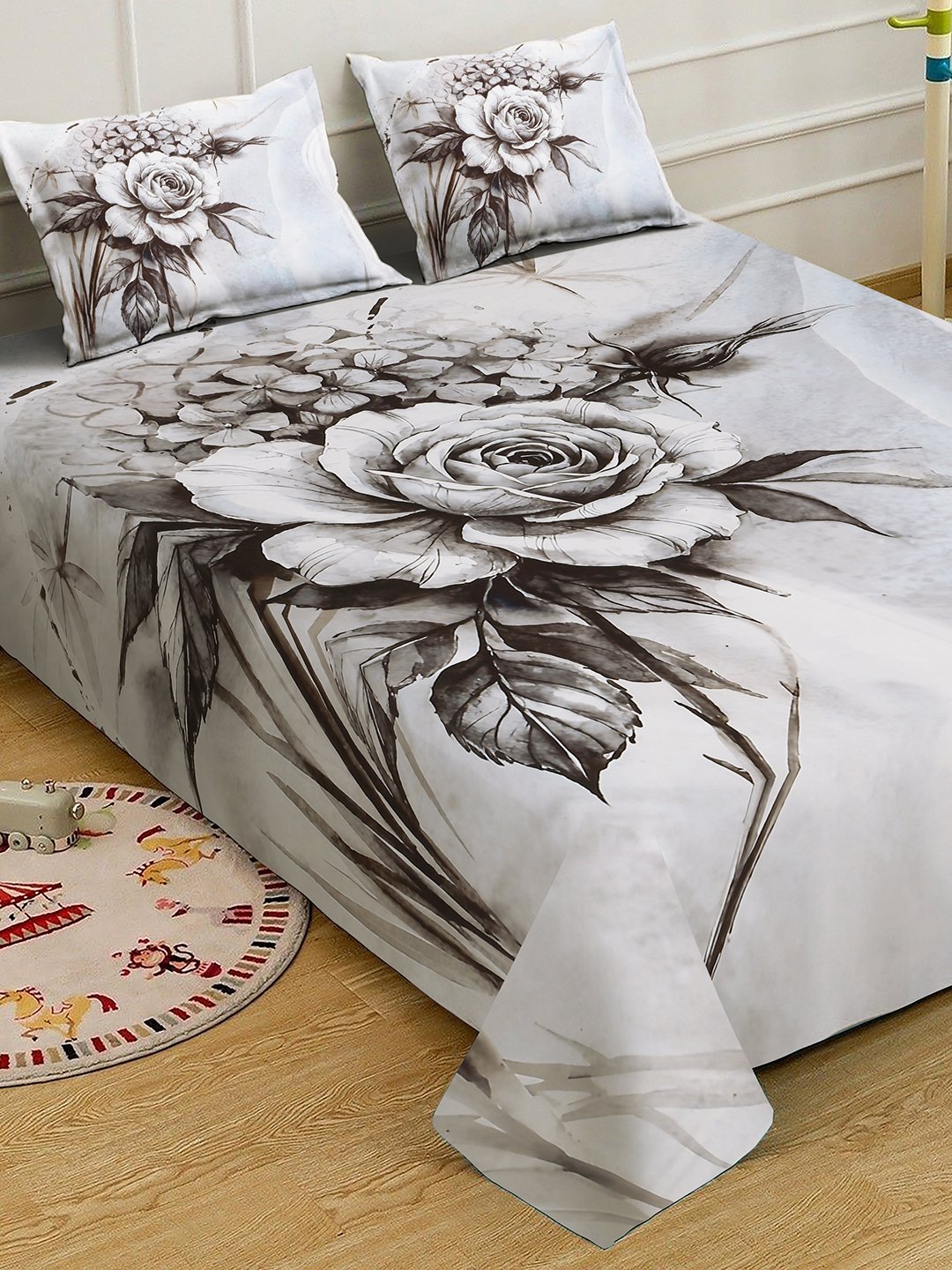 Grey Digital Floral Printed Cotton Blend Fitted Double Bedsheet with 2 Pillow Covers