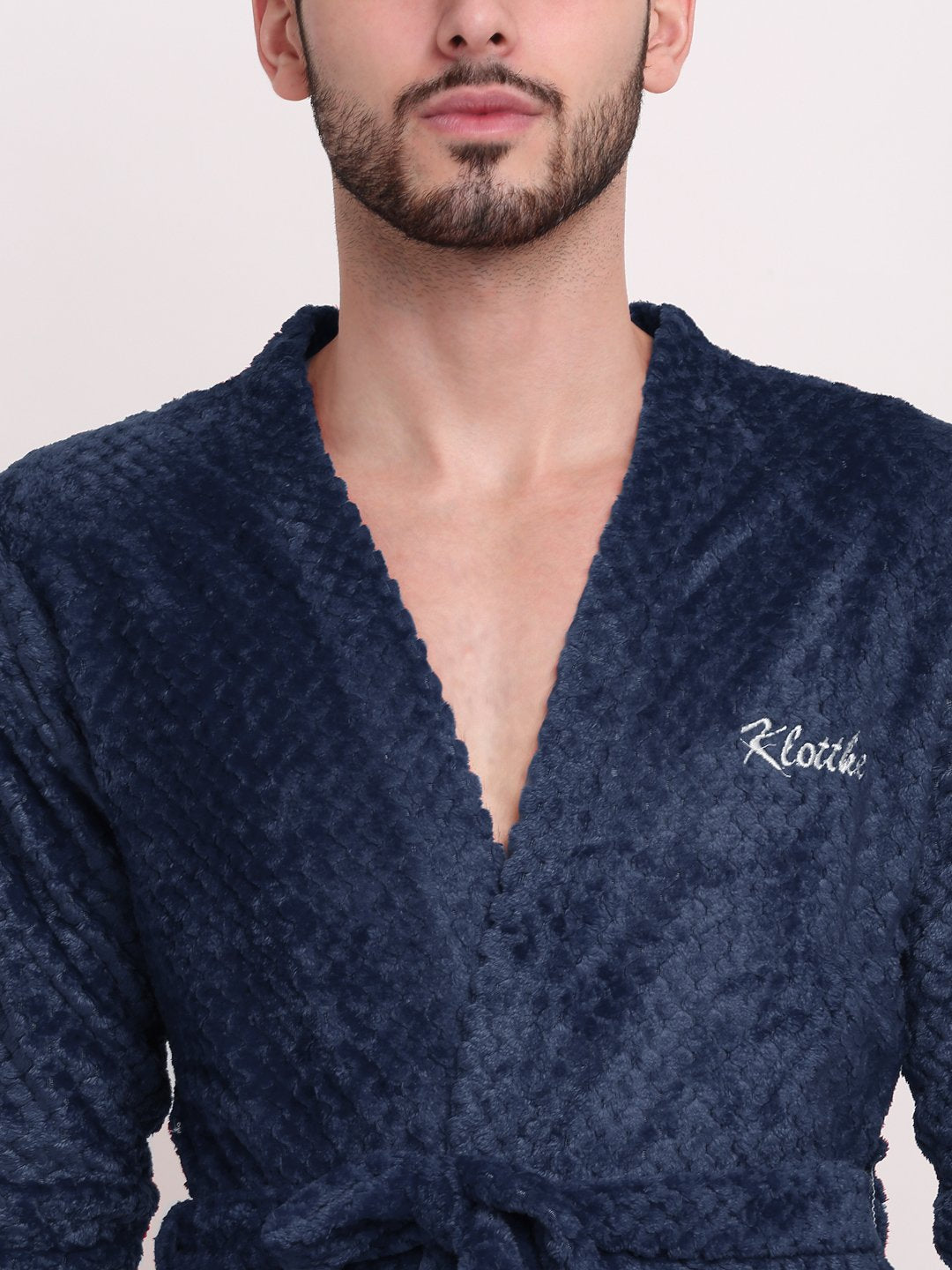 Men NavyBlue Self Design Wool Bath Robe With Belt