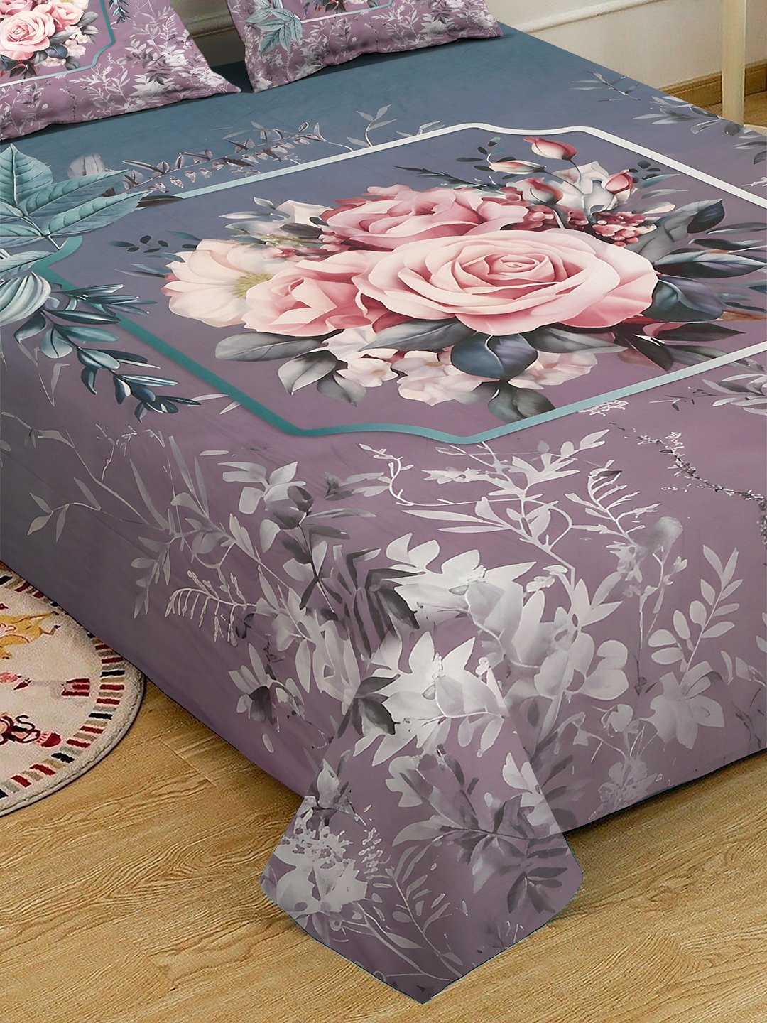 Purple Digital Floral Printed Cotton Blend Fitted Double Bedsheet with 2 Pillow Covers