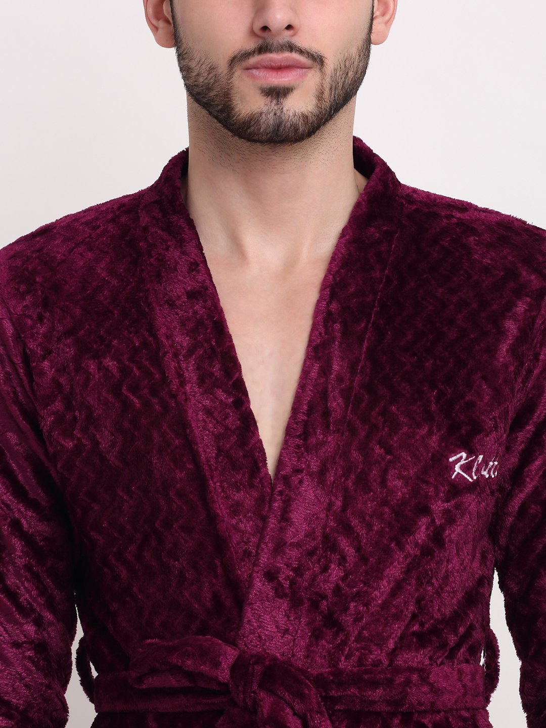 Men Maroon Self Design Wool Bath Robe With Belt