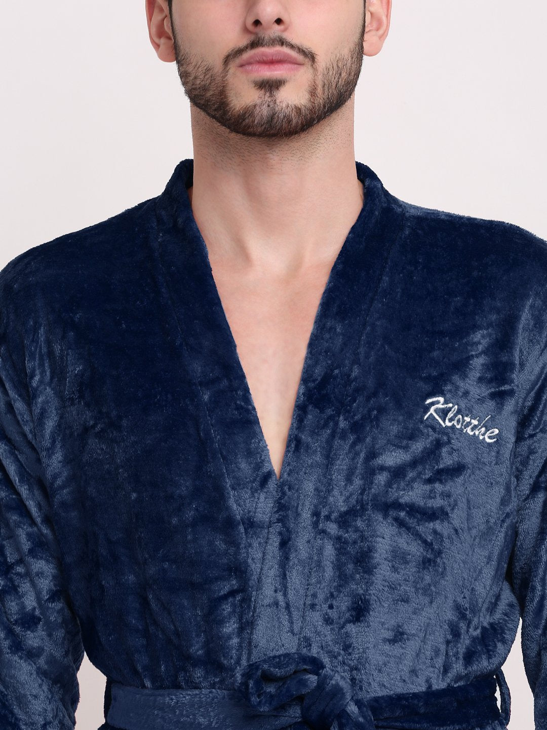 Men Blue Solid Wool Bath Robe With Belt