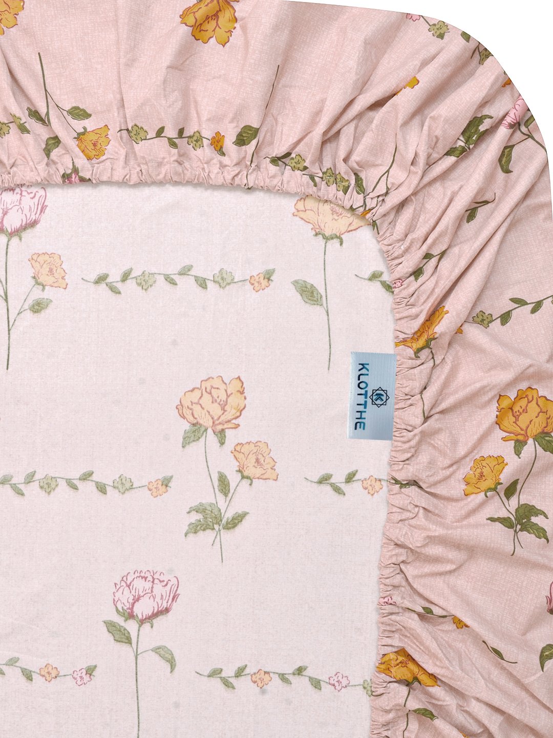Peach Floral 300 TC Cotton Blend Fitted Single Bedsheet with Pillow Cover