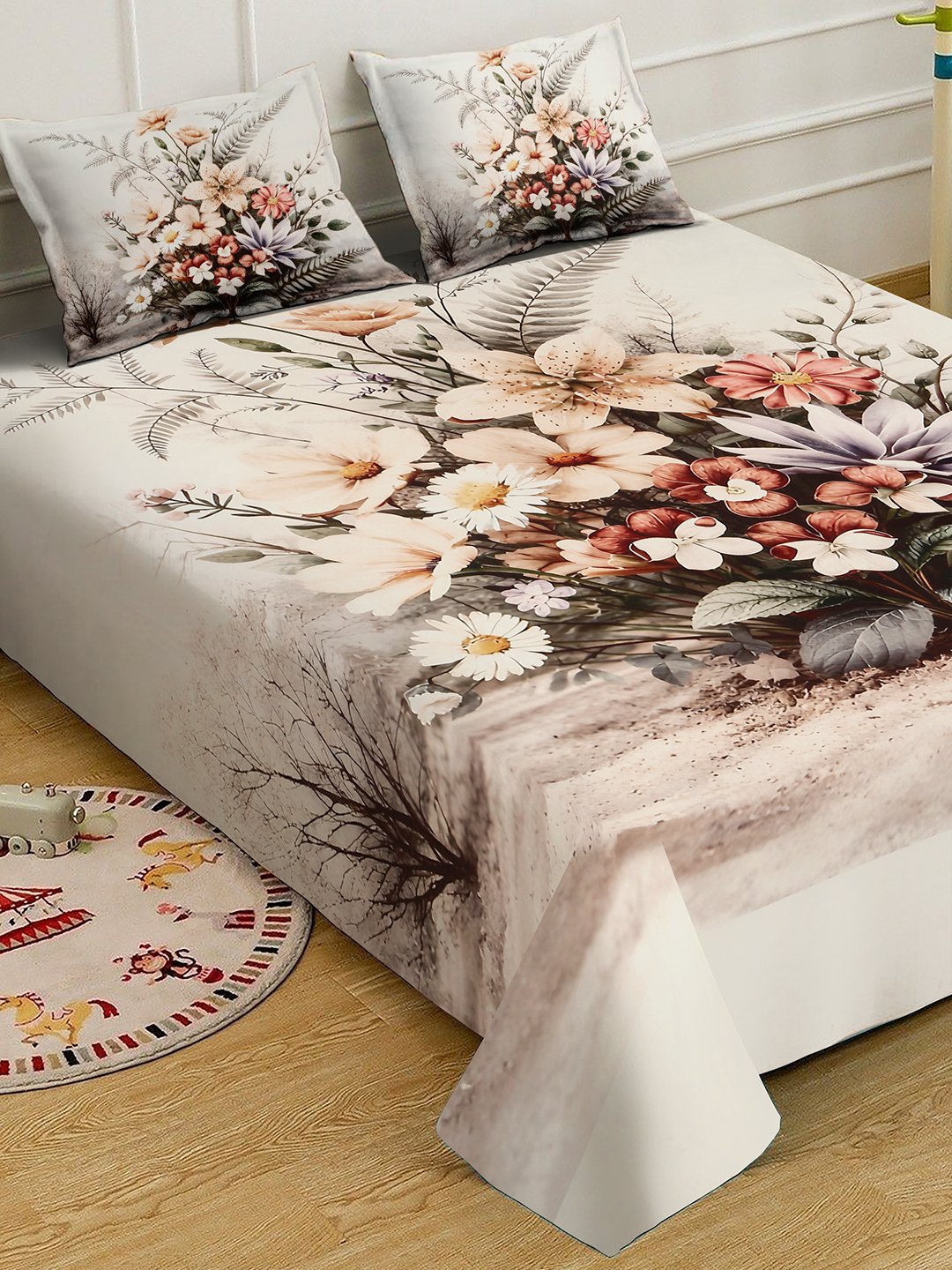 Multi Digital Floral Printed Cotton Blend Double Bedsheet with 2 Pillow Covers
