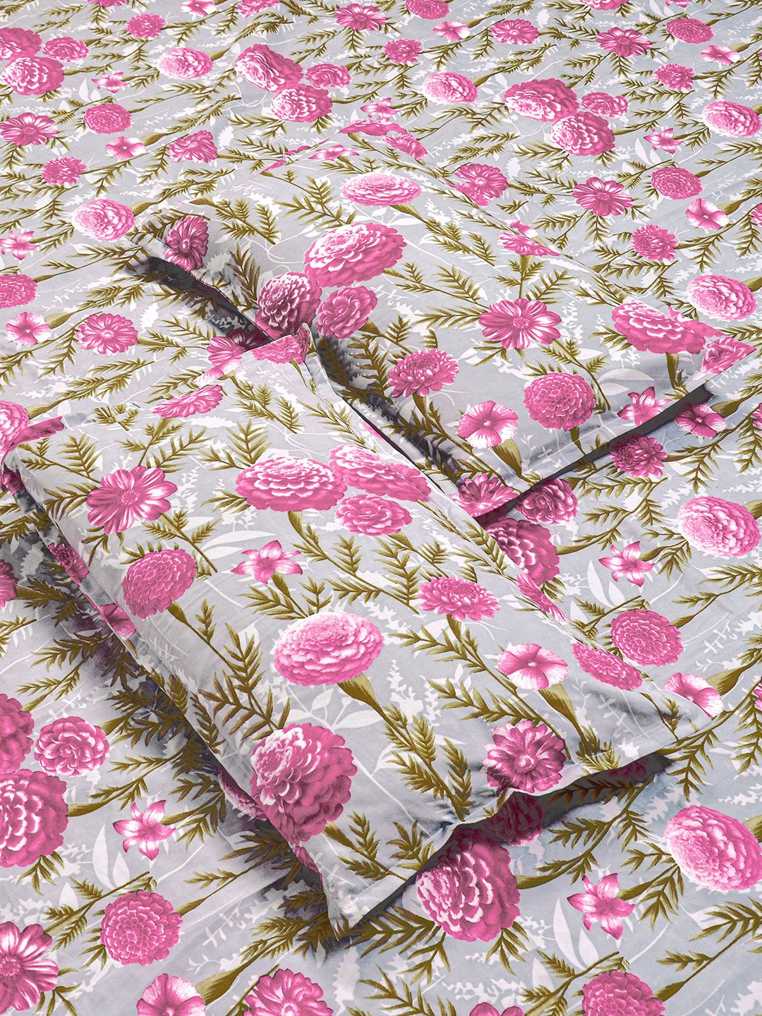 Pink Floral 300 TC Cotton Blend Fitted Double Bedsheet with 2 Pillow Covers