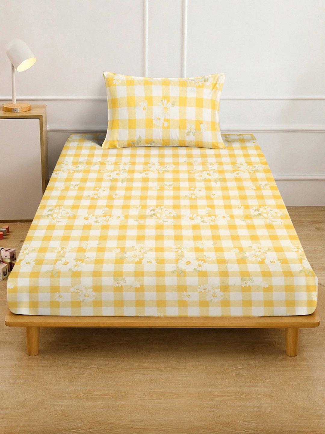 Yellow Floral Cotton Blend Fitted Single Bedsheet with Pillow Cover