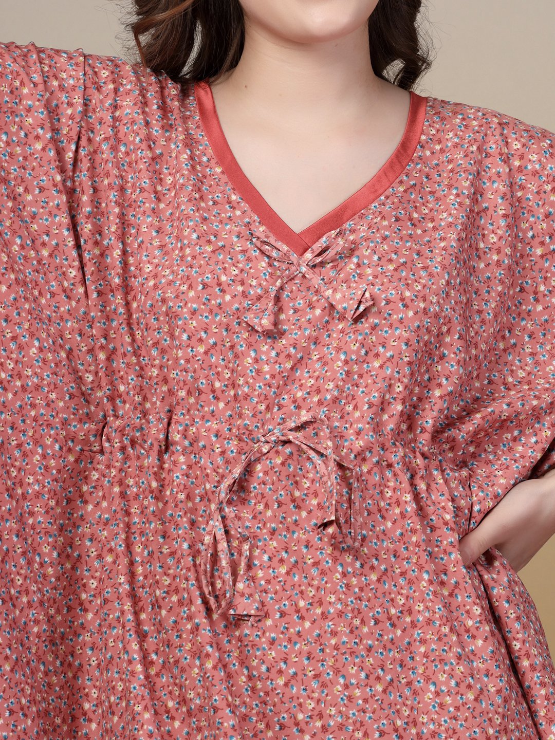 Red Floral Cotton Blend Kaftan Maxi Nightdress