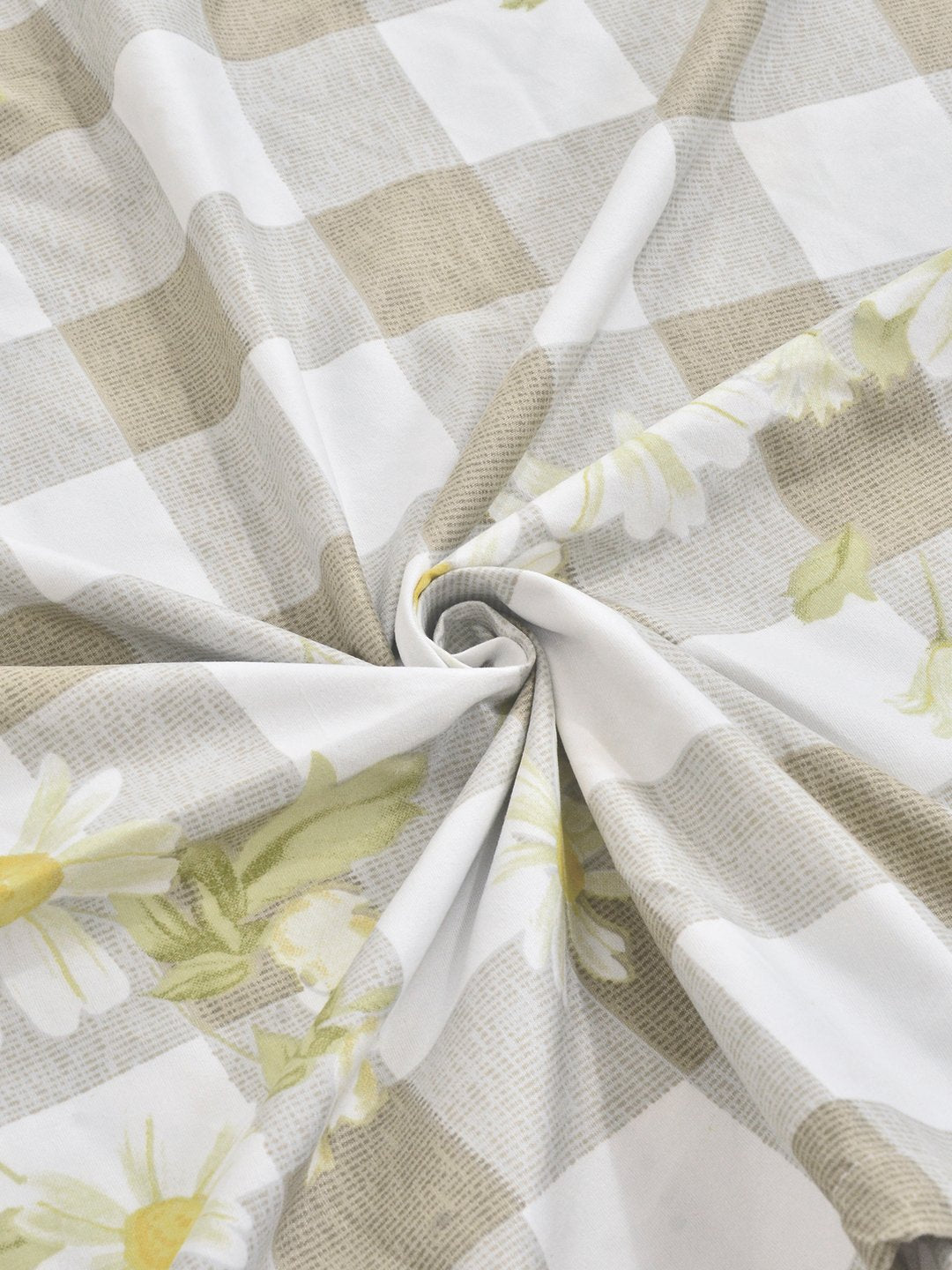 Beige Floral Cotton Blend Fitted Single Bedsheet with Pillow Cover