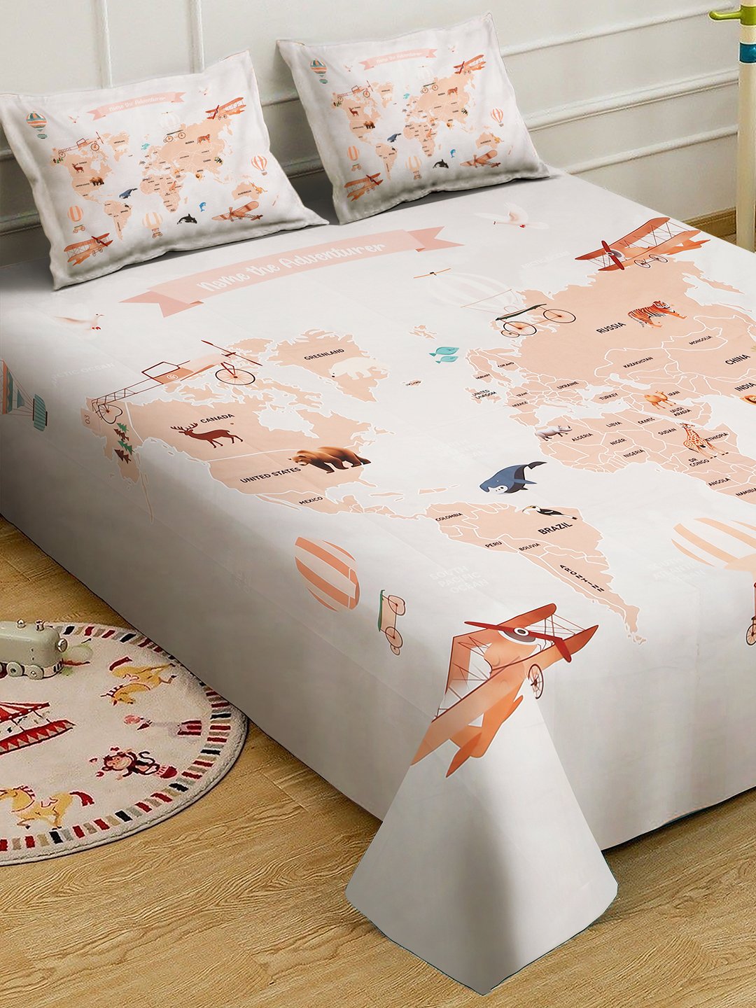 OffWhite Digital Graphic Printed Cotton Blend Double Bedsheet with 2 Pillow Covers
