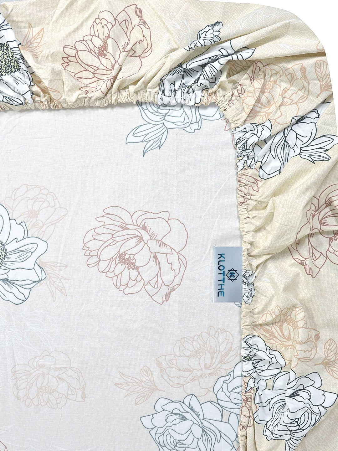 Cream Floral 300 TC Cotton Blend Fitted Single Bedsheet with Pillow Cover