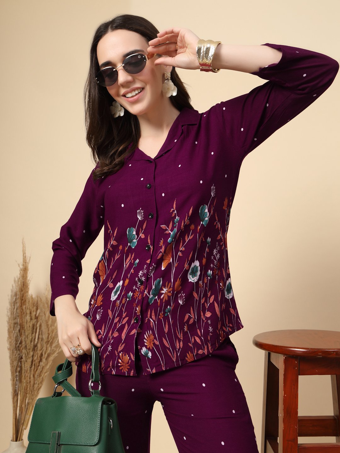 Wine Cotton Printed Shirt With Trousers Co-Ords Set