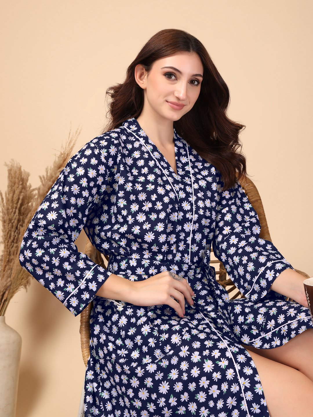 Women Printed Blue Floral Pure Cotton Bath Robe With Belt