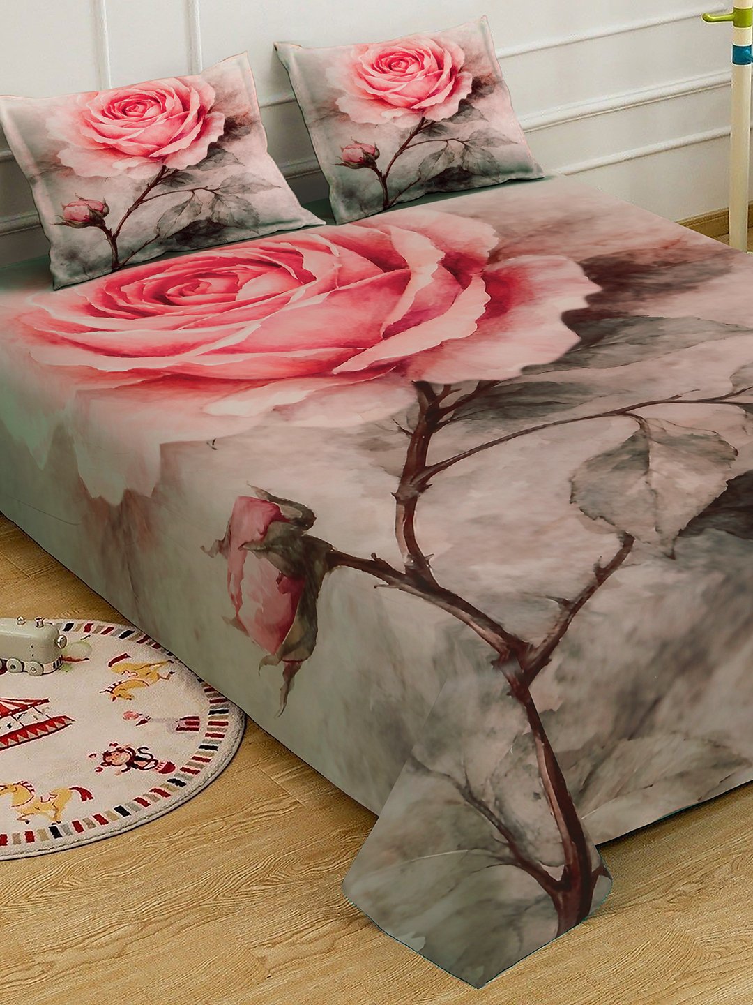Pink Digital Floral Printed Cotton Blend Fitted Double Bedsheet with 2 Pillow Covers
