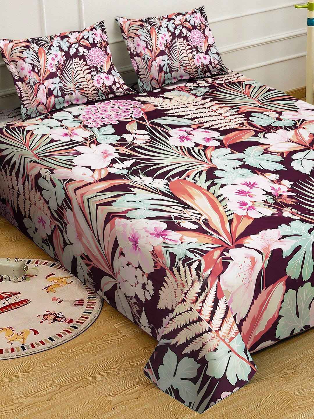 Multi Digital Floral Printed Cotton Blend Fitted Double Bedsheet with 2 Pillow Covers