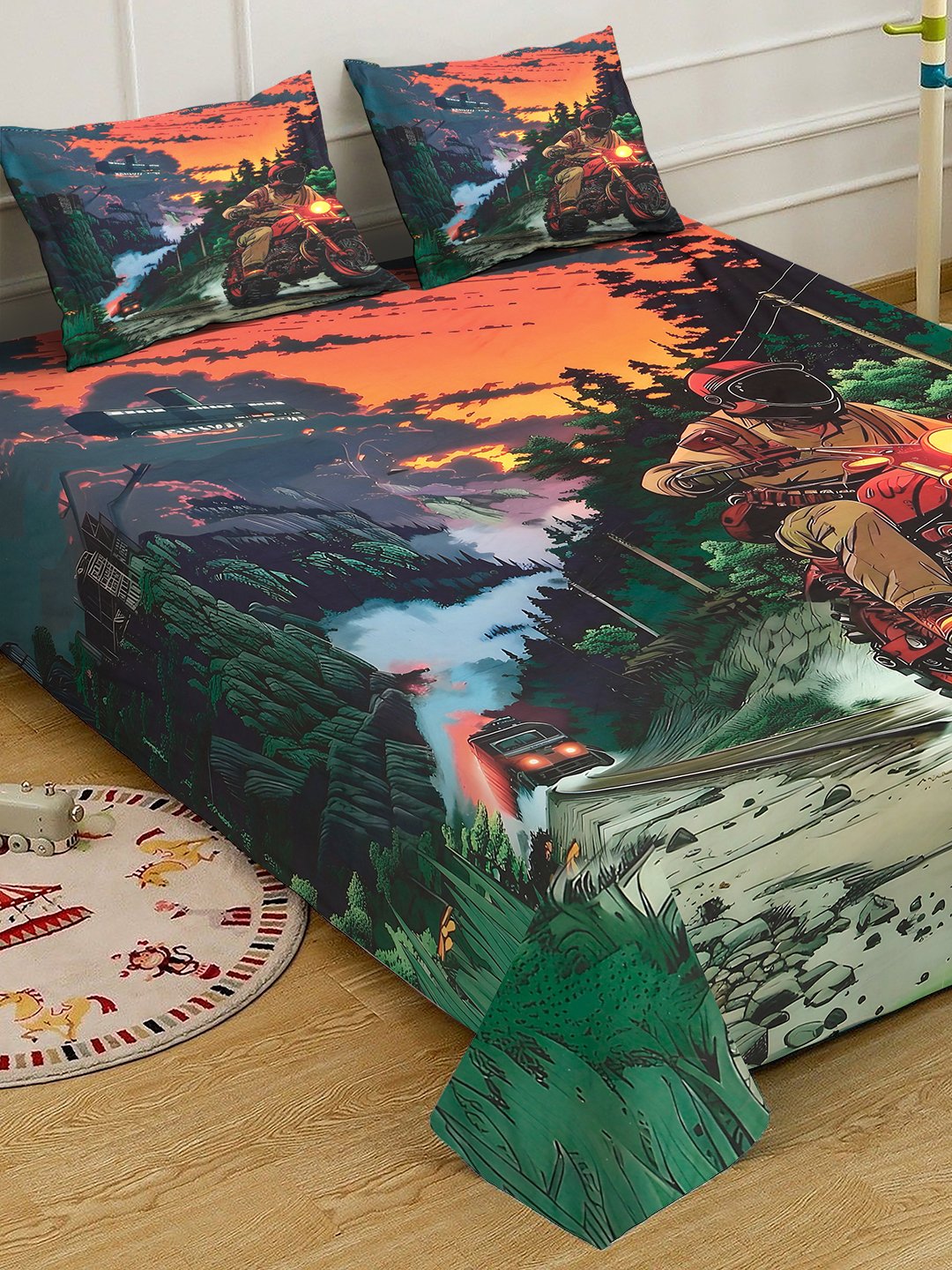 Green Digital Graphic Printed Cotton Blend Double Bedsheet with 2 Pillow Covers