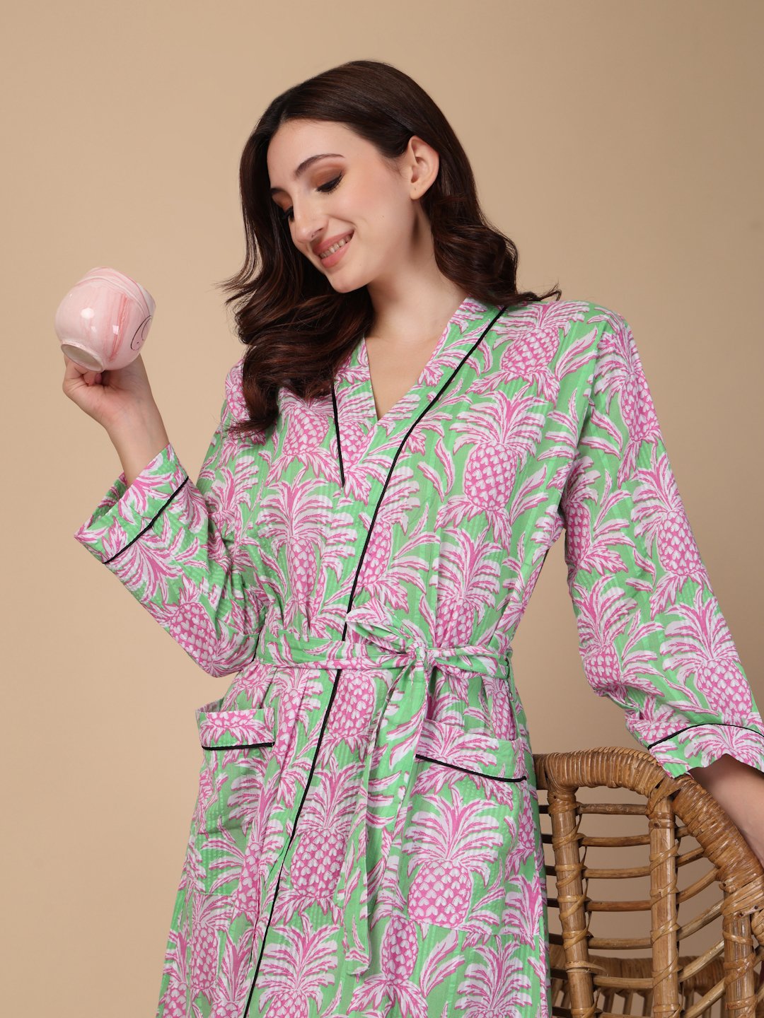 Women Printed Green Floral Pure Cotton Bath Robe With Belt